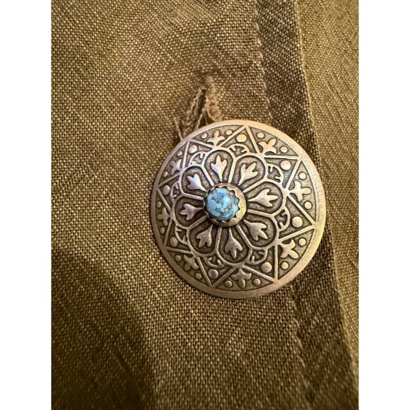 Vintage Western Olive Green Button-Up Shirt W/ Engraved Metal Buttons & Turquois - Picture 6 of 11